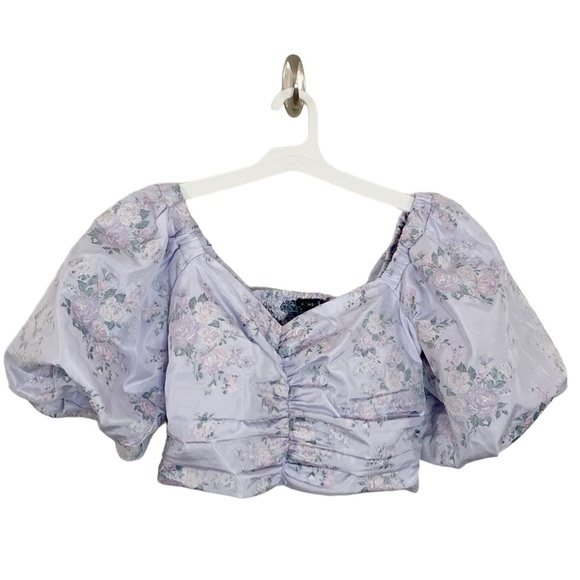 New Express Floral Puff Sleeve Ruched Cropped Top in pale lavender size M - Picture 1 of 13